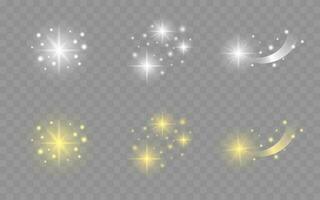ensemble de le vibrant étoiles éléments, lumière des étoiles, lumière, projecteur. lueur isolé blanc et or transparent lumière effet ensemble, explosion, brillant des reflets, rayons de soleil vecteur