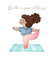 une mignonne Jeune fille les pratiques flamant yoga pose dans cette vibrant pastel aquarelle illustration. embrasse équilibre, harmonie, et bien-être avec cette artistique représentation de relaxation, méditation vecteur