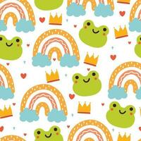 sans couture modèle dessin animé grenouille avec arc en ciel et couronne. mignonne animal, et ciel élément fond d'écran pour textile, cadeau emballage papier vecteur