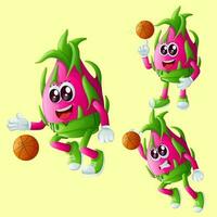 mignonne dragon fruit personnages en jouant basketball vecteur