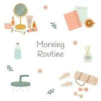 Matin routine éléments ensemble. Planification tâche liste, aptitude équipement, douche, beauté se soucier cosmétique des produits vecteur