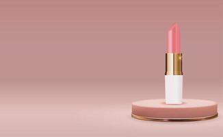 Rouge à lèvres naturel réaliste 3d sur le modèle de conception de podium rose de produit cosmétique de mode pour les annonces, le prospectus ou le fond de magazine vecteur