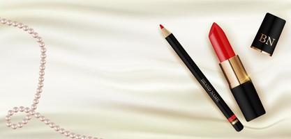 Rouge à lèvres et crayon réalistes 3d sur soie blanche avec modèle de conception de perles de produits cosmétiques de mode pour les annonces, flyer, bannière ou fond de magazine vecteur