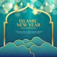 carré islamique Nouveau année Contexte avec Coupe papier des nuages et lanternes vecteur