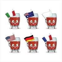 Pomme jus dessin animé personnage apporter le drapeaux de divers des pays vecteur