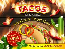 réaliste détaillé 3d tacos mexicain nourriture journée chaque Jeudi les publicités bannière concept affiche carte. vecteur