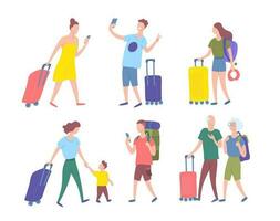 dessin animé Couleur personnages gens touristes avec bagage Voyage concept. vecteur
