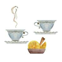 aquarelle main tiré illustration. porcelaine blanc et or thé tasses tasses, citron tranches, cannelle. isolé sur blanc Contexte. pour faire-part, café, restaurant nourriture menu, imprimer, site Internet, cartes vecteur