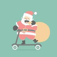 joyeux Noël et content Nouveau année avec mignonne Père Noël claus avec scooter et présent cadeau sac dans le hiver saison vert arrière-plan, plat vecteur illustration dessin animé personnage costume conception