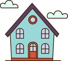 vecteur dessin animé bleu maison avec des nuages sur le ciel icône. vecteur maison avec rouge porte et violet toit icône.