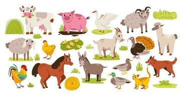 mignonne ferme animaux ensemble. une variété de marrant ferme animaux dans une dessin animé plat style. main tiré coloré branché vecteur illustrations.