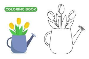 arrosage pouvez avec bouquet de fleurs. noir et blanc linéaire dessin de jardinage inventaire. vecteur illustration de Jaune tulipes. coloration livre pour enfants.