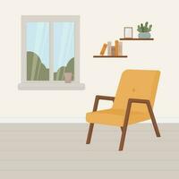 vivant pièce intérieur, meubles, conception éléments, moderne maison, fauteuil, livres, tasse, usine, fenêtre, vecteur plat style illustration