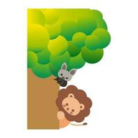mignonne dessin animé chauve souris et Lion cache derrière le arbre. en jouant cacher et chercher. dessin animé animal personnage. illustration, vecteur, eps10 vecteur