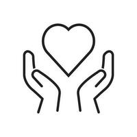 noir isolé contour icône de cœur dans mains sur blanc Contexte. ligne icône de cœur et mains. symbole de se soucier, aimer, charité. vecteur