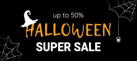 Halloween vente coupon, prospectus, super Ventes brochure avec texte, sorcière chapeau et araignée la toile sur une noir Contexte. Halloween fête un événement vente. vecteur