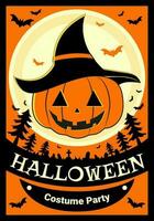 Halloween fête affiche, vecteur fête bannière, salutation, invitation avec Halloween avec citrouille personnage dans une sorcière chapeau, lune et chauves-souris autour.