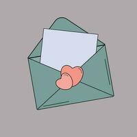 graphique vecteur illustration de une vert papier enveloppe avec cœurs et une lettre à l'intérieur sur une marron Contexte.