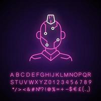 icône de néon de microcircuit de visage. augmentation du corps de haute technologie. film cyberpunk, jeu de science-fiction. effet brillant extérieur. signe avec l'alphabet, les chiffres et les symboles. illustration de couleur rvb isolée de vecteur