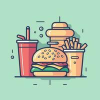 vecteur de une délicieux repas avec une Hamburger, frites, et une rafraîchissant boisson sur une table