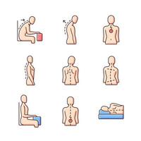 problèmes de dos et de posture ensemble d'icônes de couleur rvb. position affaissée au bureau. dos rond, bossu. courbure naturelle de la colonne vertébrale. hanches et épaules inégales. douleur dans le bas du dos. illustrations vectorielles isolées vecteur