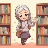 vecteur de une dessin animé personnage permanent dans de face de une étagère à livres