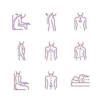problèmes de dos et de posture ensemble d'icônes vectorielles linéaires en dégradé. position affaissée au bureau. courbure naturelle de la colonne vertébrale. paquet de symboles de contour de ligne mince. collection d'illustrations vectorielles isolées vecteur