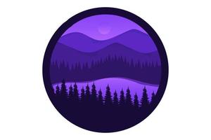 tee shirt forêt la nuit et lac de couleur violet et bleu vecteur