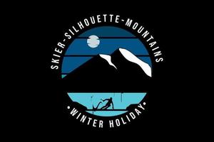 ski silhouette montagnes hiver vacances couleur bleu et noir vecteur