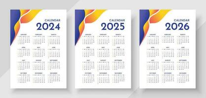 Facile calendrier ensemble pour 2024, 2025, 2026 années. Facile modifiable vecteur calandre. la semaine départs dimanche. mur calendrier dans une minimaliste style