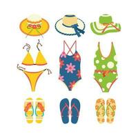 plage ensemble pour été voyages. chapeau, maillot de bain, chaussons, tongs. vecteur