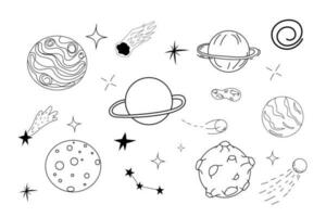 ensemble planètes espace éléments, étoiles, météorite dans griffonnage style. galaxie Icônes, Facile conception. vecteur illustration