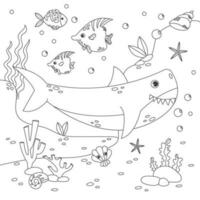 enfants anti stress coloration livre avec une requin, divers poisson, fond marin et algues. vecteur Stock illustration. contour illustration de sous-marin la vie et Marin animaux.