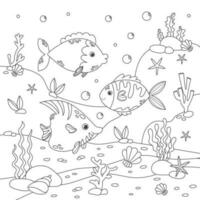 enfants anti stress coloration livre avec divers poisson, fond marin et algues. vecteur Stock illustration. contour illustration de sous-marin la vie et Marin animaux. anti stress coloration livre.