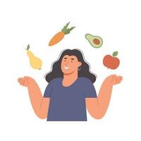 Jeune femme entouré par Frais des légumes et des fruits. brut nourriture, véganisme et végétarisme. en bonne santé et bénéfique aliments. en bonne santé nourriture concept. plat vecteur illustration isolé sur blanc Contexte