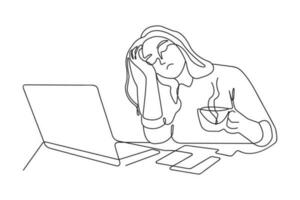 femme est fatigué de travail sur une ordinateur portable, ligne art illustration. le fille veut à dormir. elle détient une tasse de café dans sa mains et chutes endormi. vecteur linéaire illustration, œil santé et fatigue.