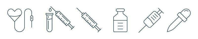 médical équipement icône ensemble. seringue, vaccin, du sang mendier contour vecteur