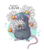 illustrations vectorielles dessinées à la main. rat réaliste mignon avec des fleurs. vecteur