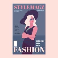 Belle jeune femme avec chapeau et lunettes de soleil sur la couverture du magazine Fashion vecteur