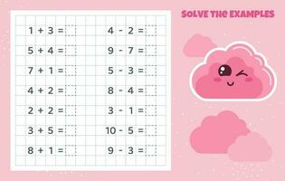 résoudre le exemples. une addition et soustraction. mathématique puzzle jeu. feuille de travail pour école enfants. vecteur