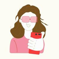 Jeune femme dans des lunettes de soleil et une téléphone intelligent dans mon main. parlant sur le téléphone, socialiser. vecteur illustration sur blanc isolé Contexte.