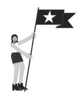 excité fangirl applaudissement avec drapeau plat ligne noir blanc vecteur personnage. modifiable contour plein corps personne. content vêtement de rue ventilateur fille Facile dessin animé isolé place illustration pour la toile graphique conception