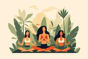 Trois les filles Faire dans une lever du soleil illustration, international yoga jour, yoga journée bannière vecteur