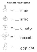 feuille de travail pour les enfants. écrivez la lettre manquante. légumes noirs et blancs. vecteur