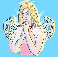 art conceptuel d'un ange aux cheveux blonds et aux yeux bleus. jeune être céleste et divin en prière. divinité féminine avec des ailes et un halo lumineux.