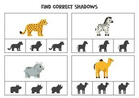 trouver correct ombre de mignonne africain animaux. imprimable agrafe carte Jeux pour les enfants. vecteur