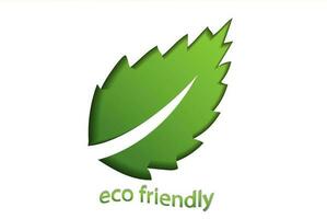 éco amical vert logo sur une blanc Contexte avec vert feuilles dans papier Couper style. le concept de vert écologie, nettoyer écologie, environnement la convivialité de des produits, éco amical vecteur