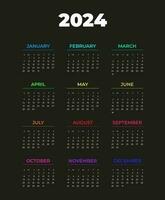 calendrier 2024, la semaine départs sur dimanche, blanc texte sur noir arrière-plan, Couleur l'écriture mois, modèle, vecteur. vecteur