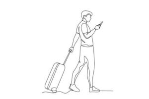 une touristique des promenades en portant une valise et téléphone portable vecteur