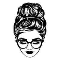 femme visage avec désordonné cheveux dans une chignon longue cils et œil des lunettes icône vecteur